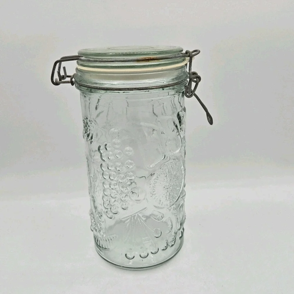 Fruit Embossed Clear Glass Canister with‎ Flip Top Vtg Jar Storage Container